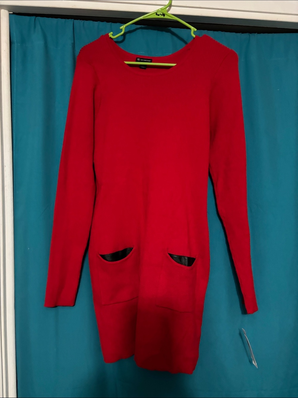 new directions Red Long Sleeve Knit Dress with Pocket Details